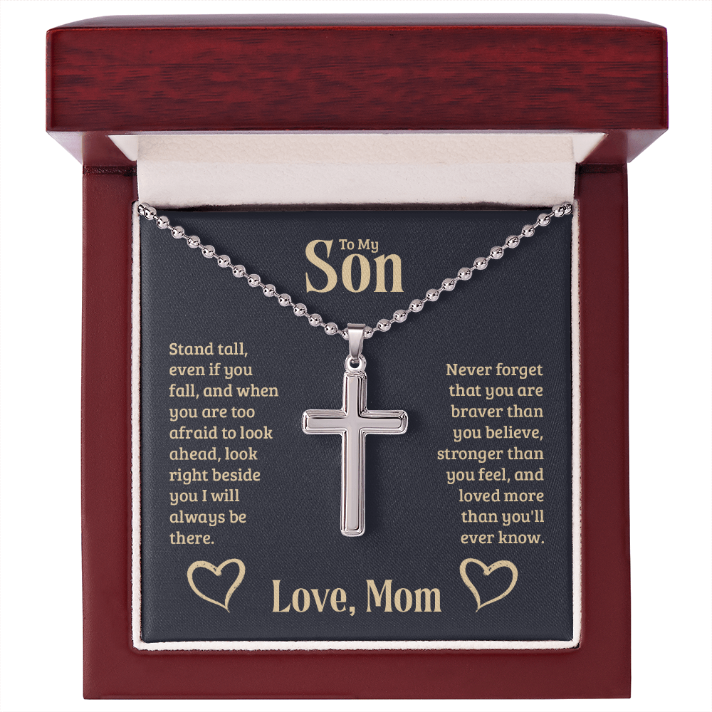 To My Son - Love Mom -Artisan-Crafted Cross Necklace with Ball Chain