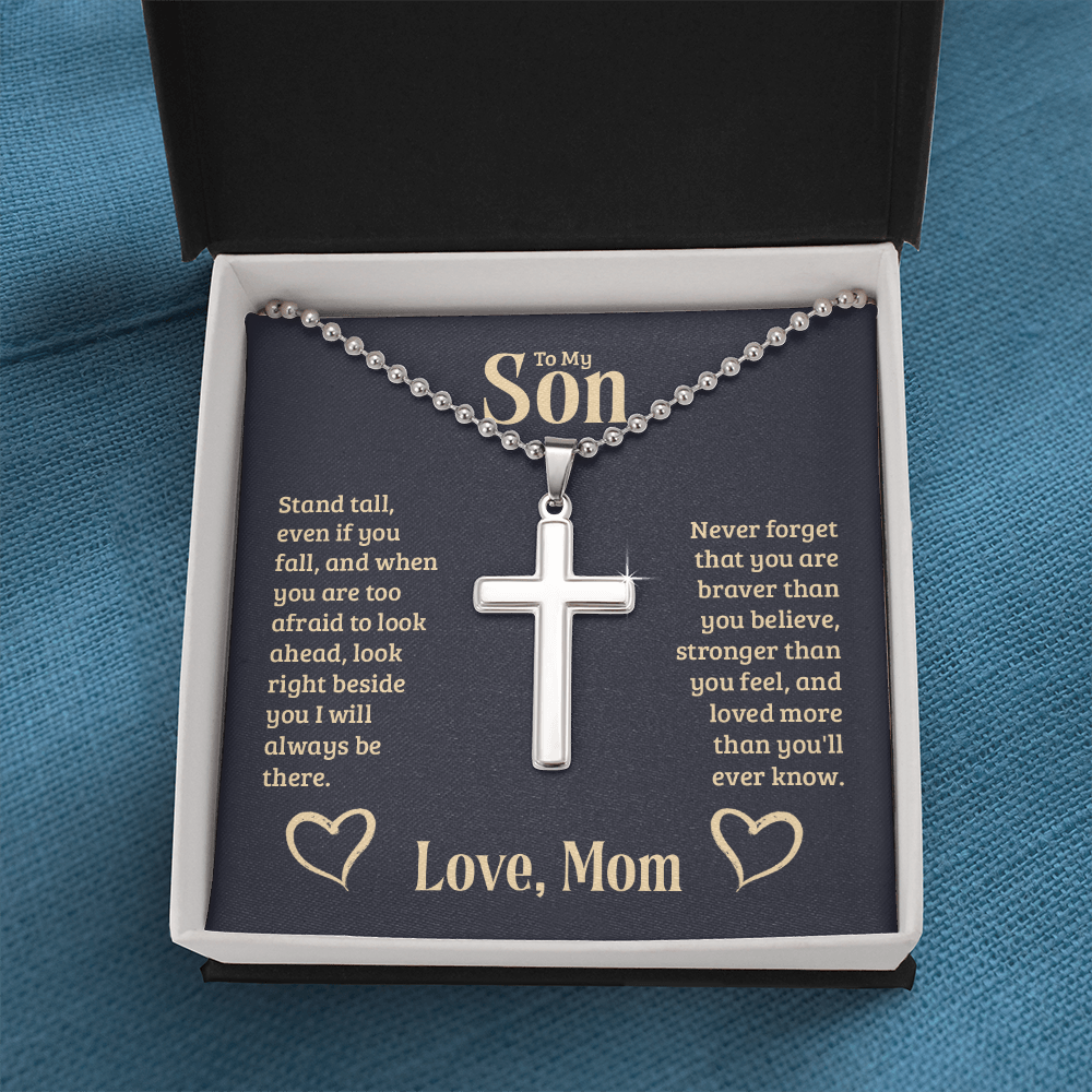To My Son - Love Mom -Artisan-Crafted Cross Necklace with Ball Chain