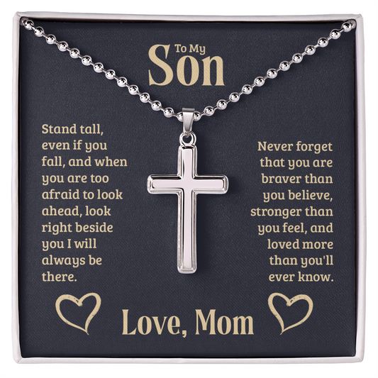 To My Son - Love Mom -Artisan-Crafted Cross Necklace with Ball Chain