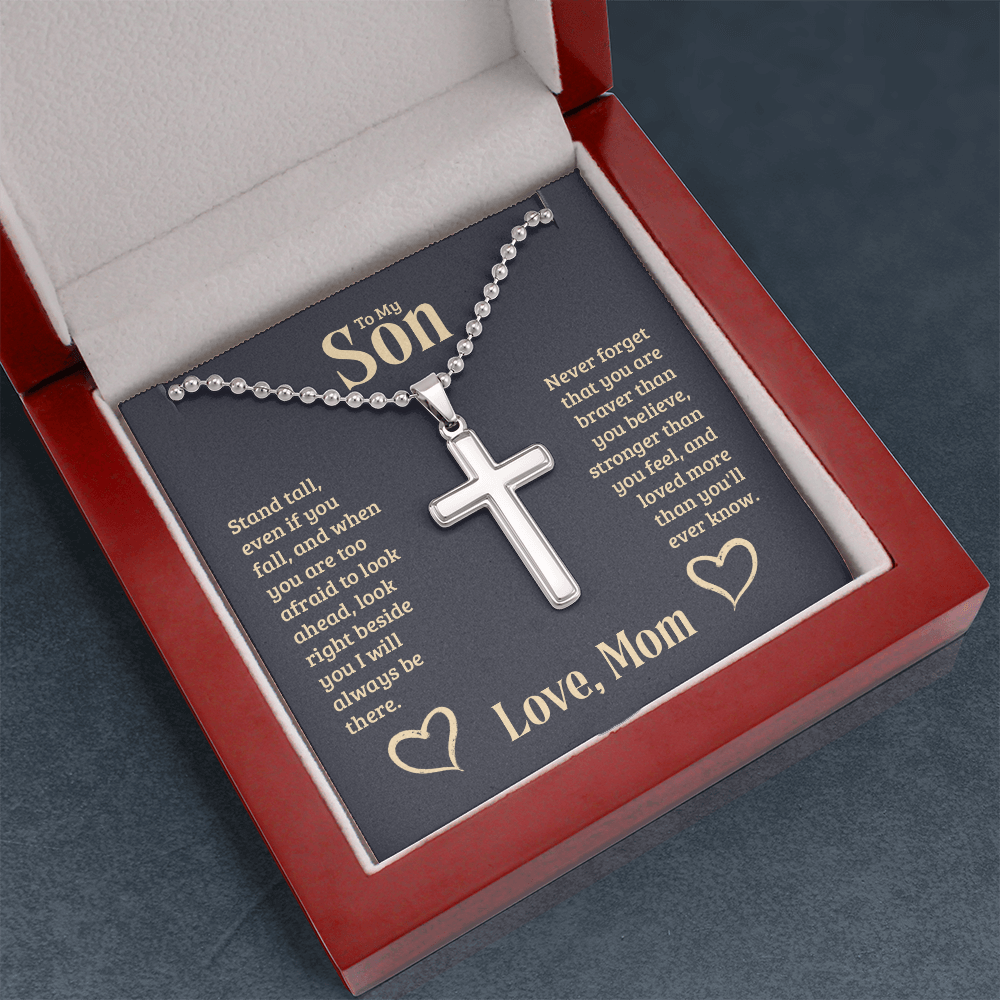 To My Son - Love Mom -Artisan-Crafted Cross Necklace with Ball Chain